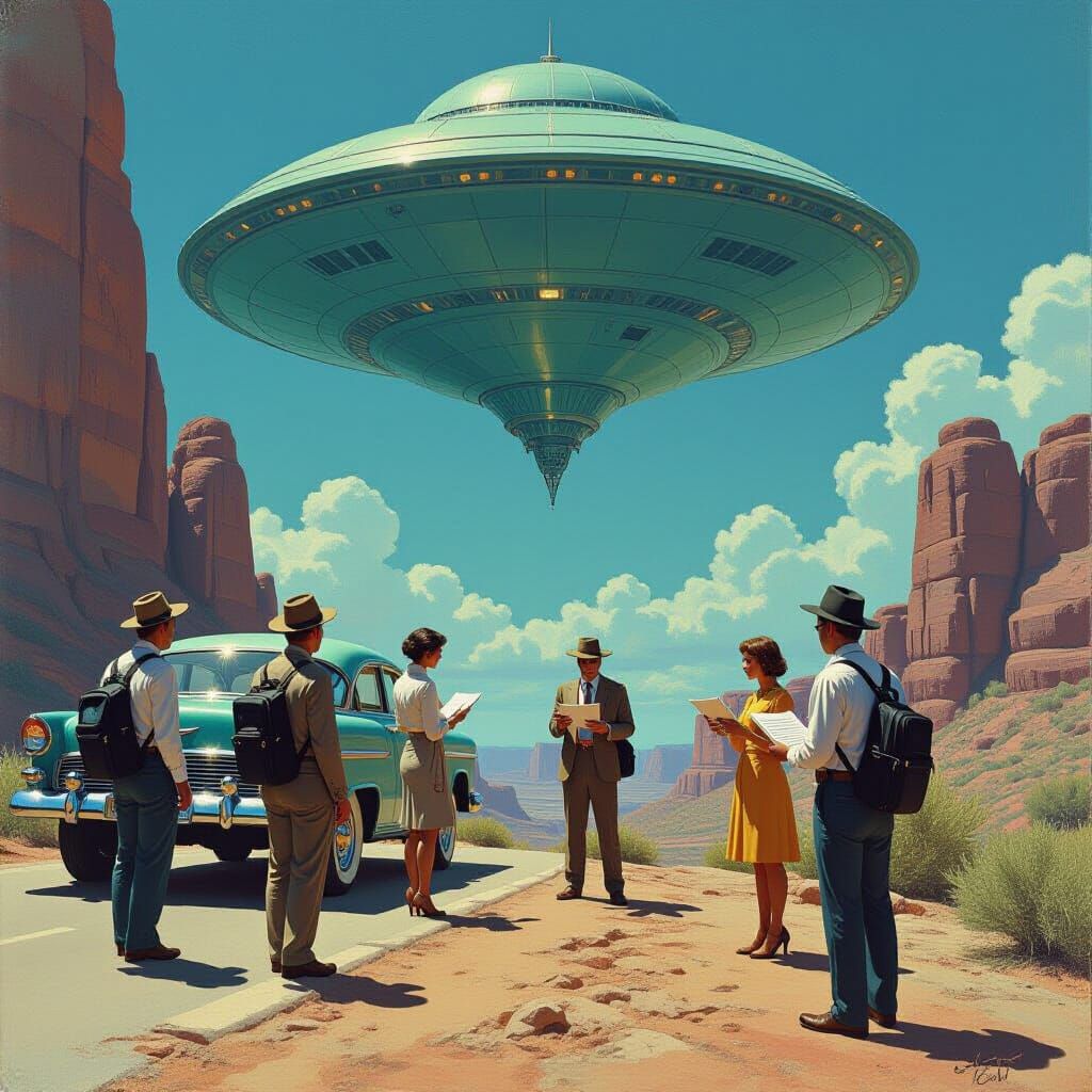 People Queue for Jobs at Alien Business, Oil Painting