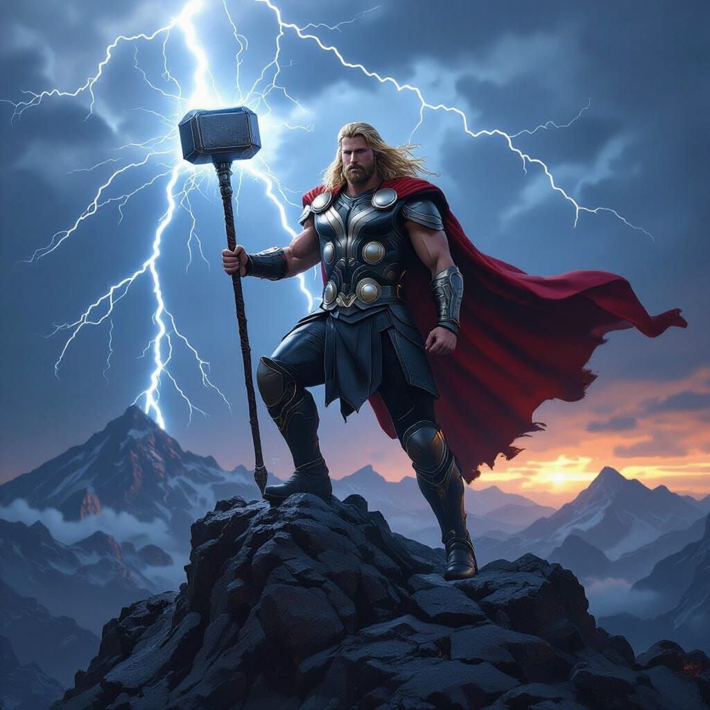 Thor, God of Thunder, on a Mountain in a Storm