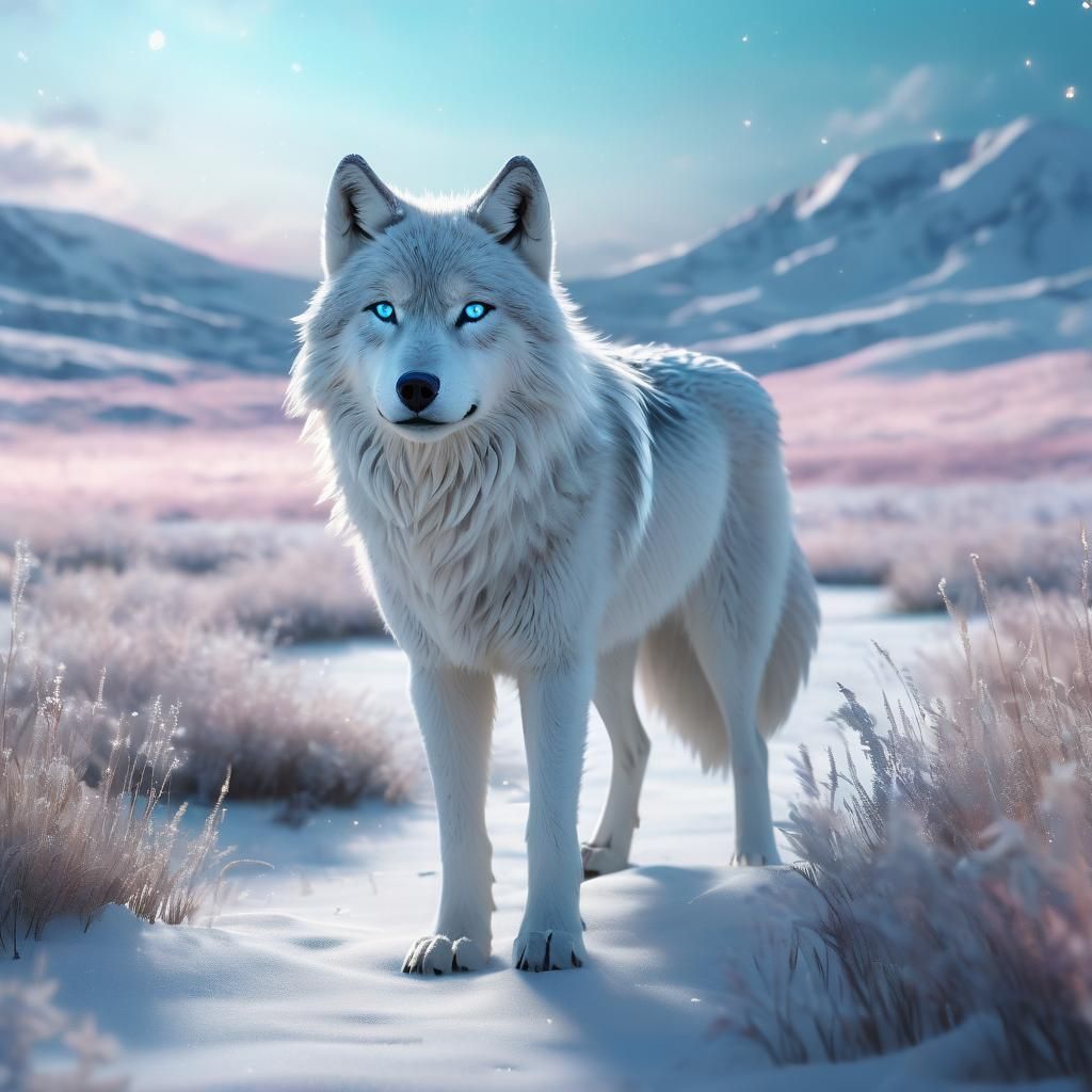 Snow Wolf in Open Field Under Aurora: 3D Anime Art