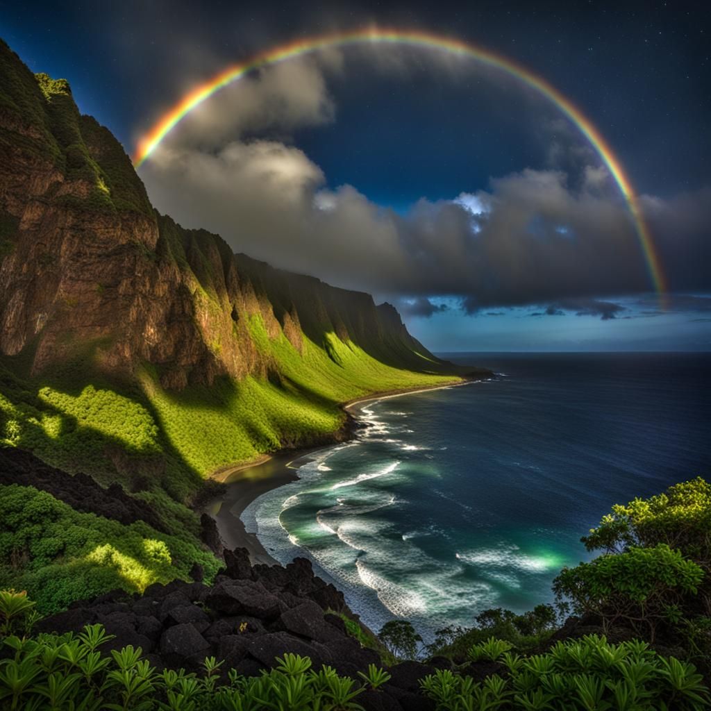 Hyperrealistic Moonbow Shimmers in Hawaii
