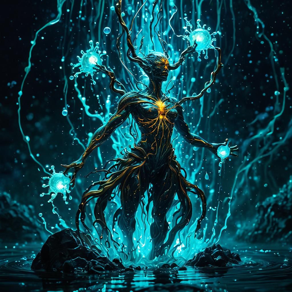 Centaurs and Water Elementals in Bioluminescent Cavern