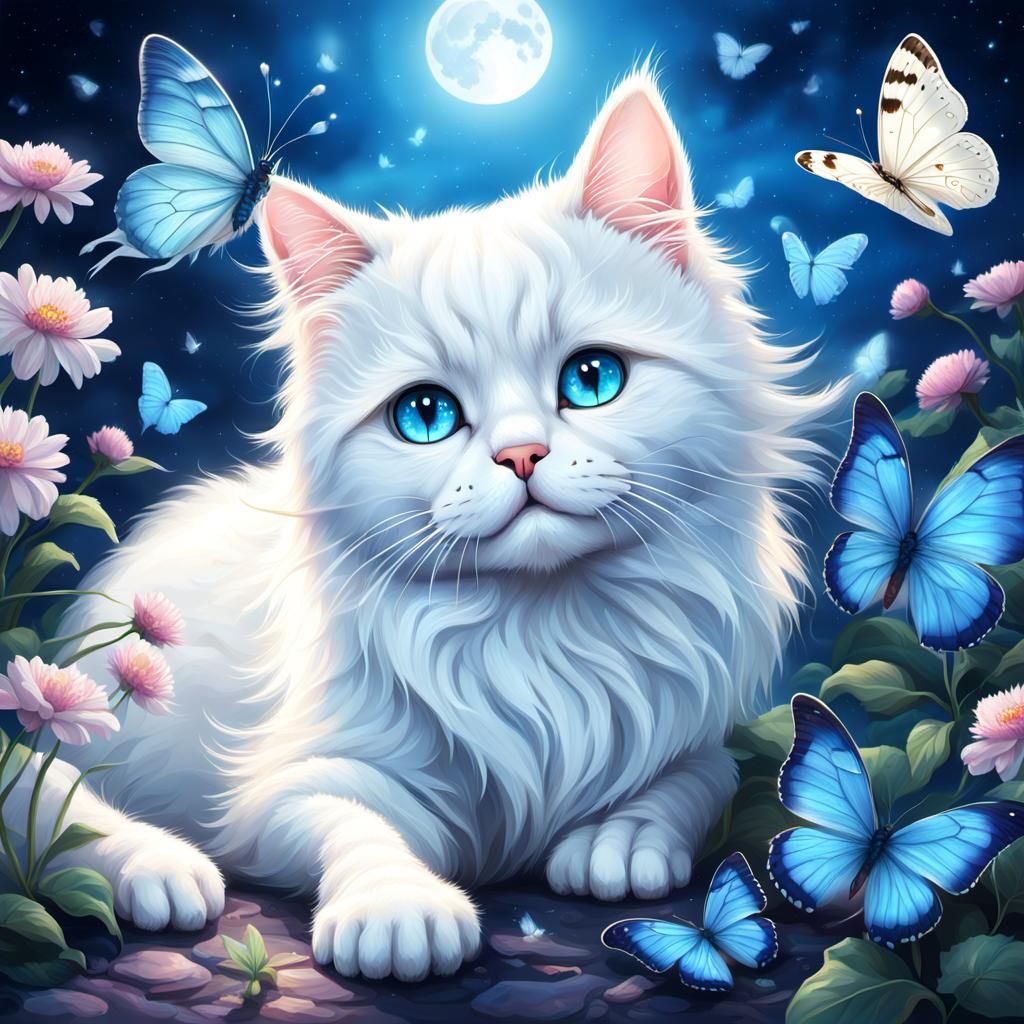 Cute White Cat and Butterfly Digital Art