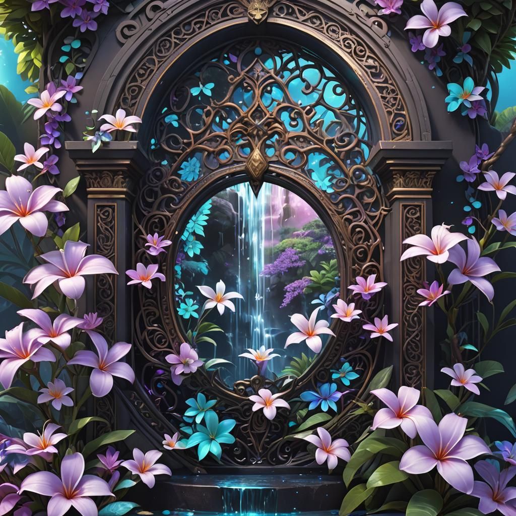 Holographic Filigree Waterfall Portal in Anime Style