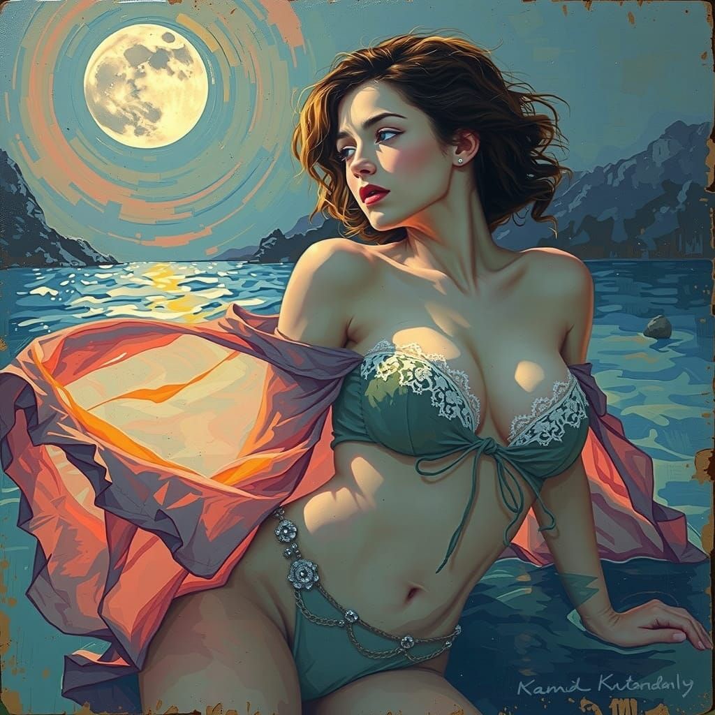 Woman in Romantic Bikini Under Moonlight, Expressionist Styl...