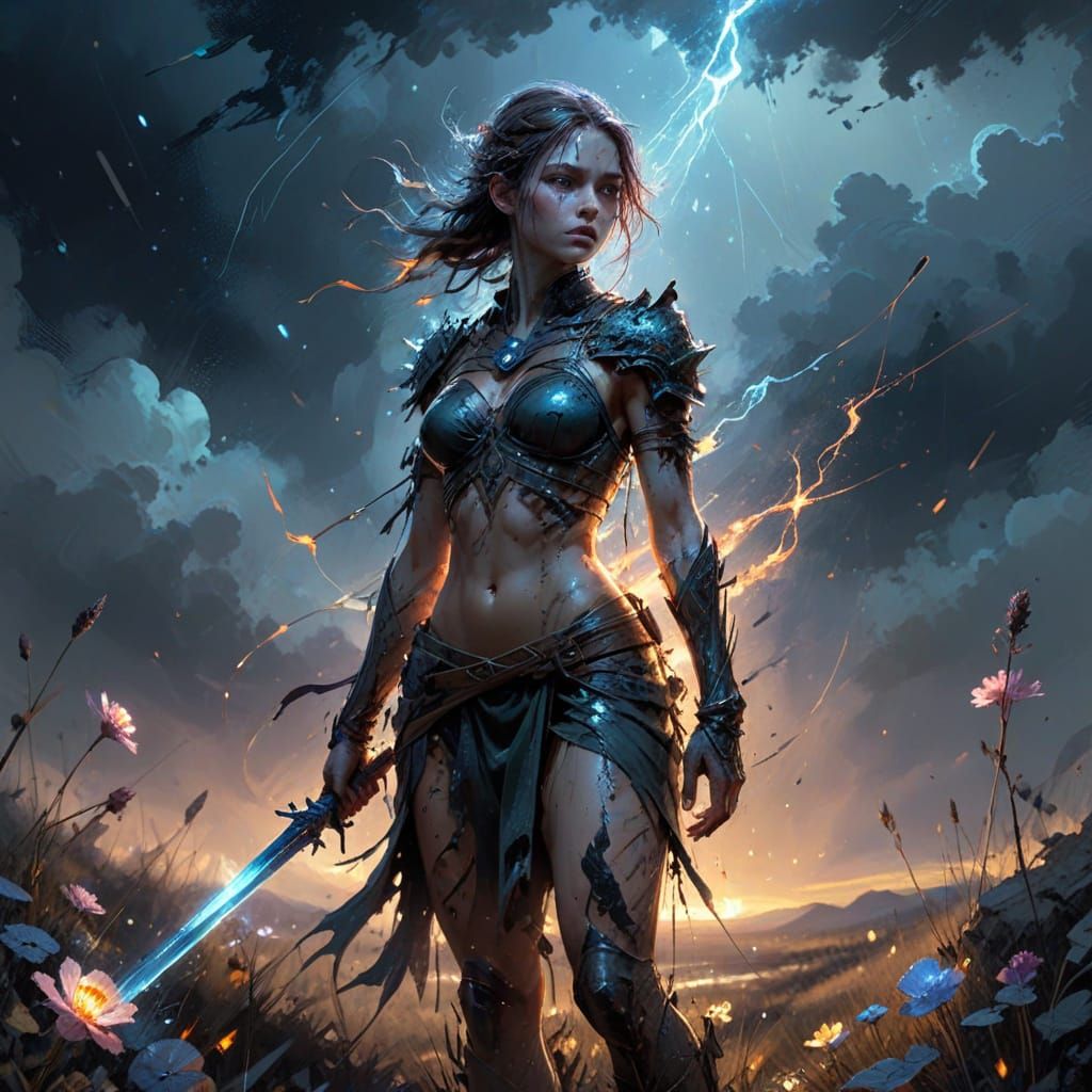 Concept Art Of Warrior On Desolate Battlefield Under Stormy ...
