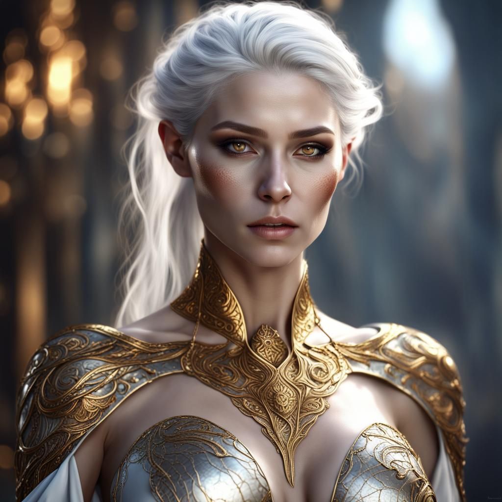 A dazzling woman with porcelin-like cracks in her skin, pure white skin, golden eyes, silver hair.