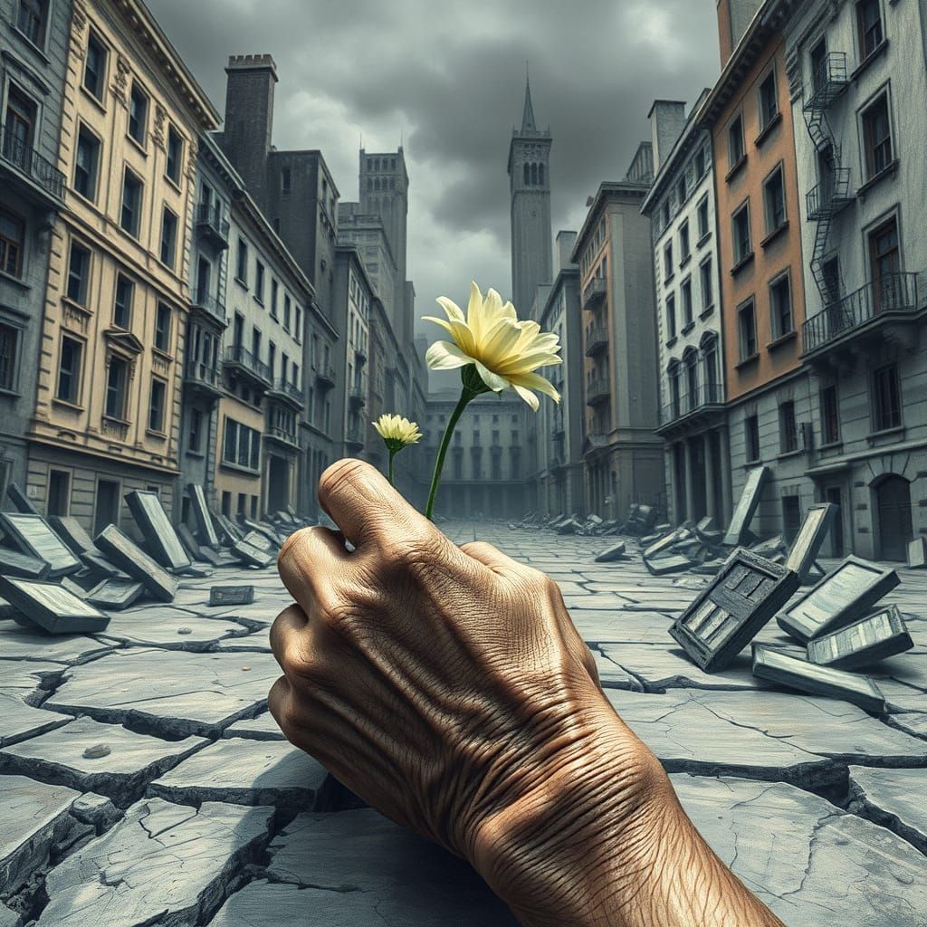 Hope Blooms in Ruins: Detailed Digital Painting