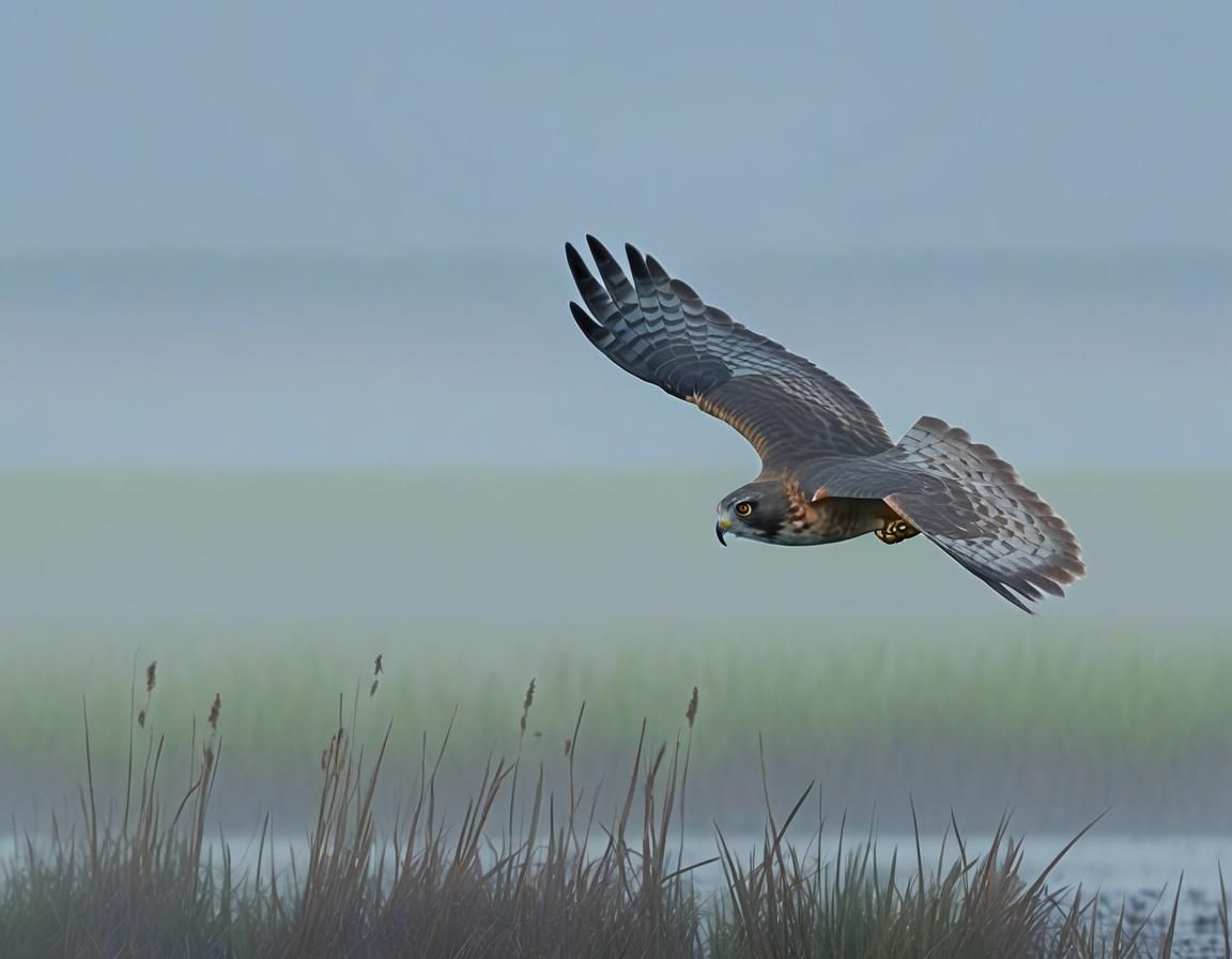Northern Harrier Glides Over Saltmarsh: Cinematic Film Still