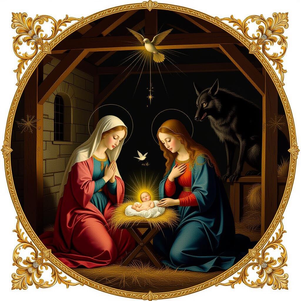 Renaissance Nativity Scene with Divine Light and Nightingale