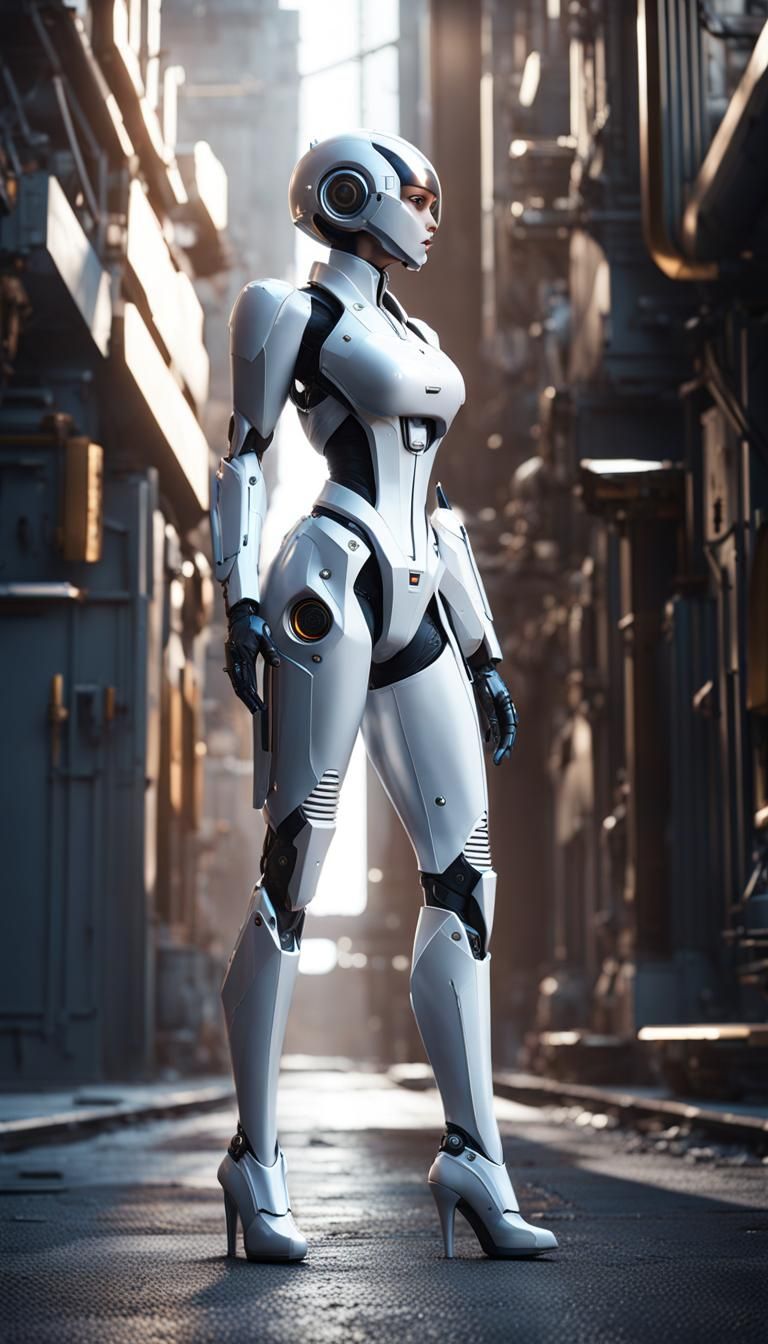 Hyperrealistic Female Android in Sci-Fi Alley