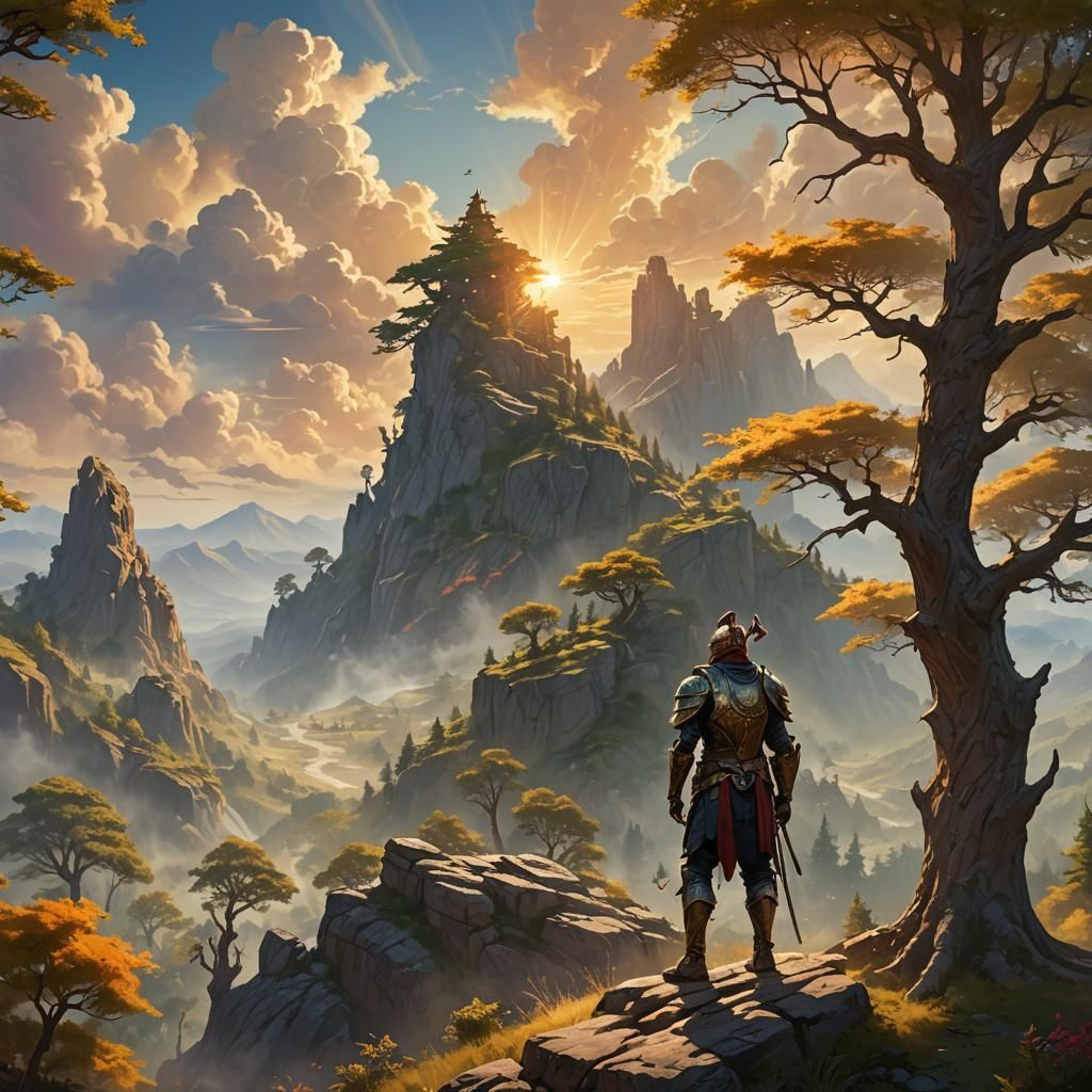 Warrior on Mystical Mountain in Golden Light