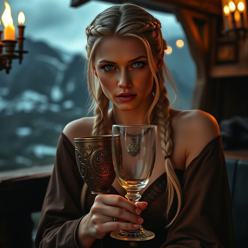 Elegant Viking Supermodel in Medieval Tavern