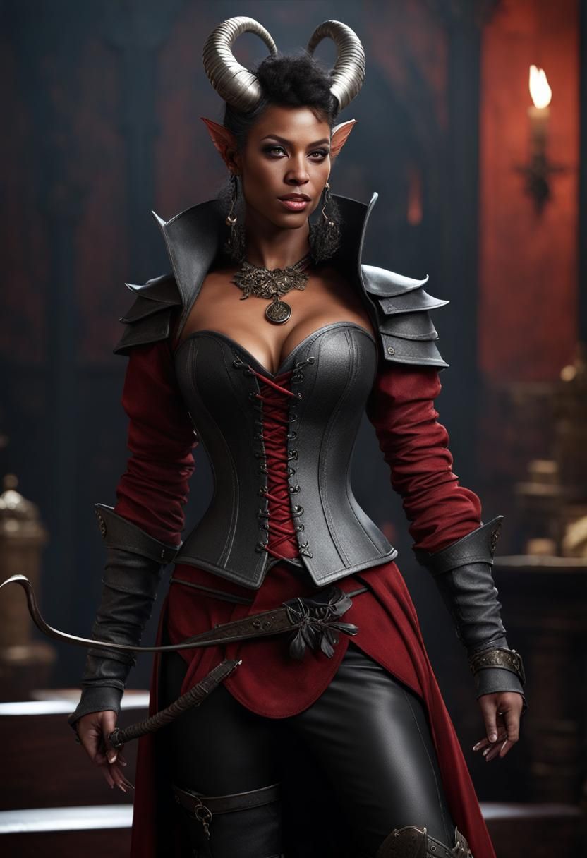 Tiefling Merchant Woman Portrait in Gritty Photorealism