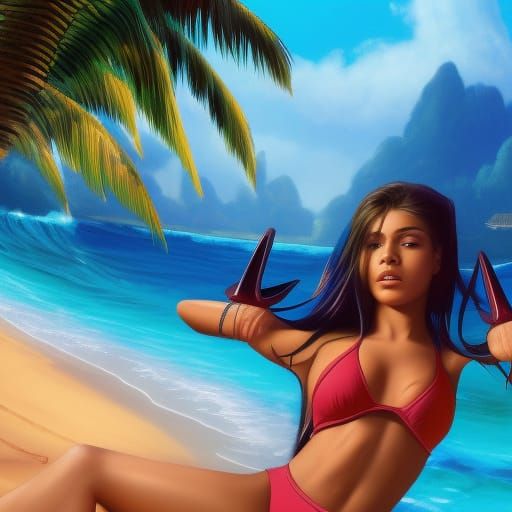 Latina Girl on Tropical Beach in Detailed Matte Painting