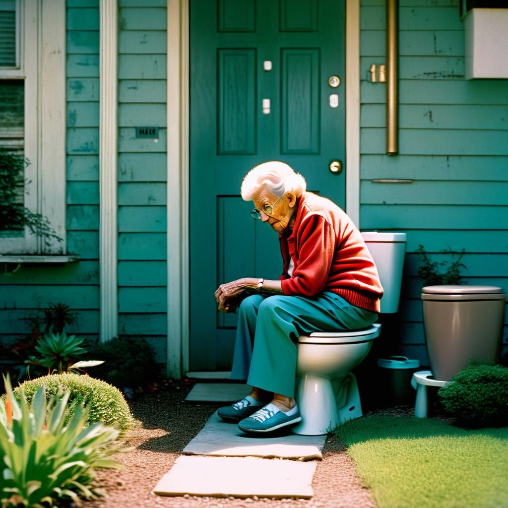 Humorous Film Still of Woman Emerging from Toilet
