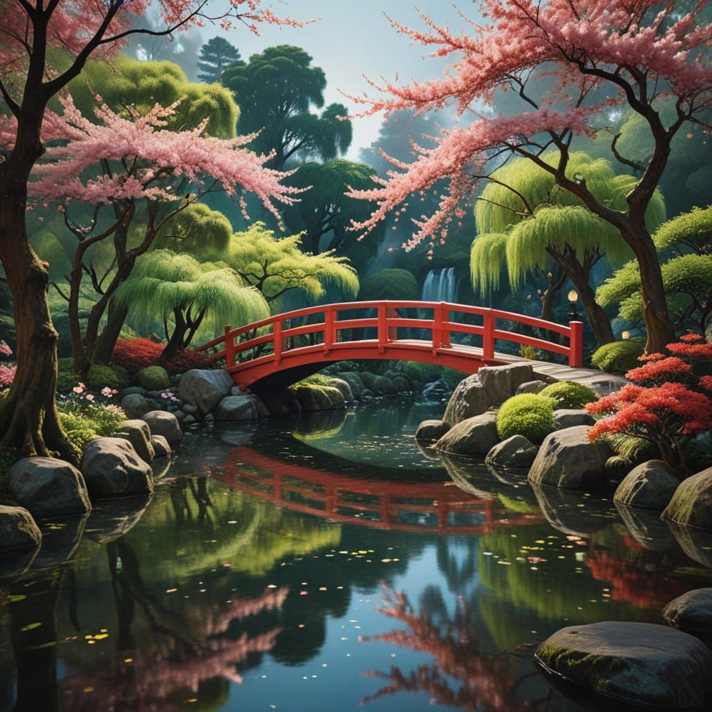 Serene Japanese Garden Scene with Weeping Willow and Cherry ...