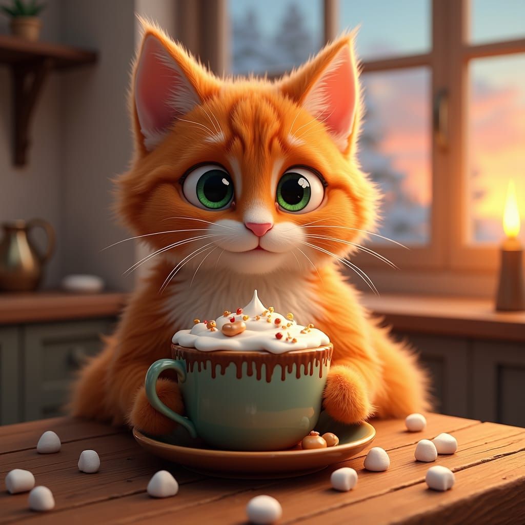 Cozy Cat Enjoying Hot Chocolate, 3D Render