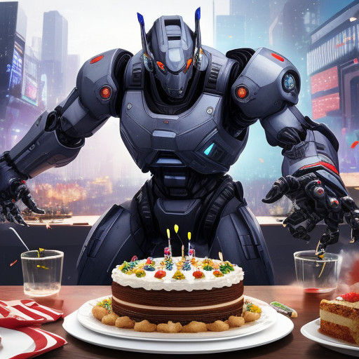 Birthday Party in a Cyberpunk City with a Cyber Mech Robot C...