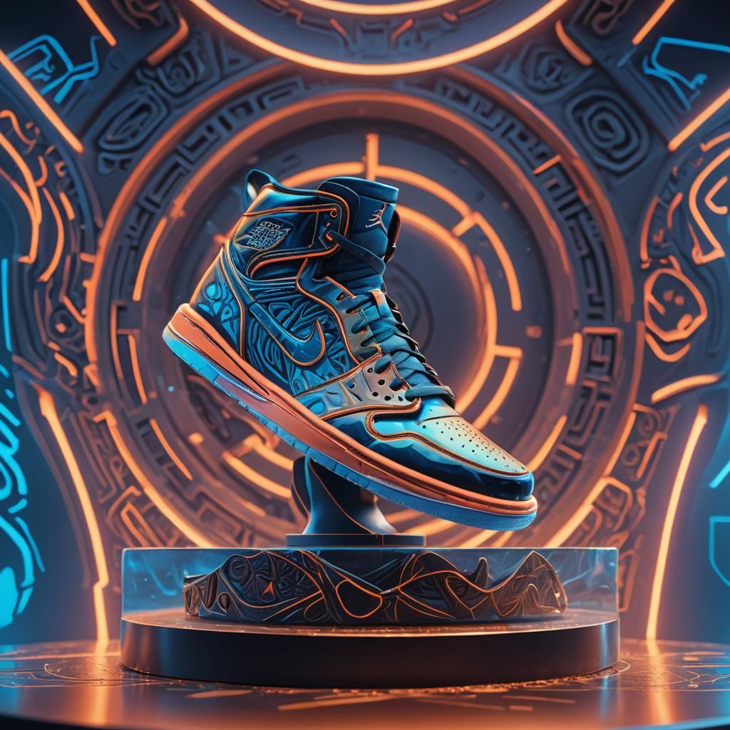 Futuristic Air Jordans with Mayan Carvings in Neon Lighting
