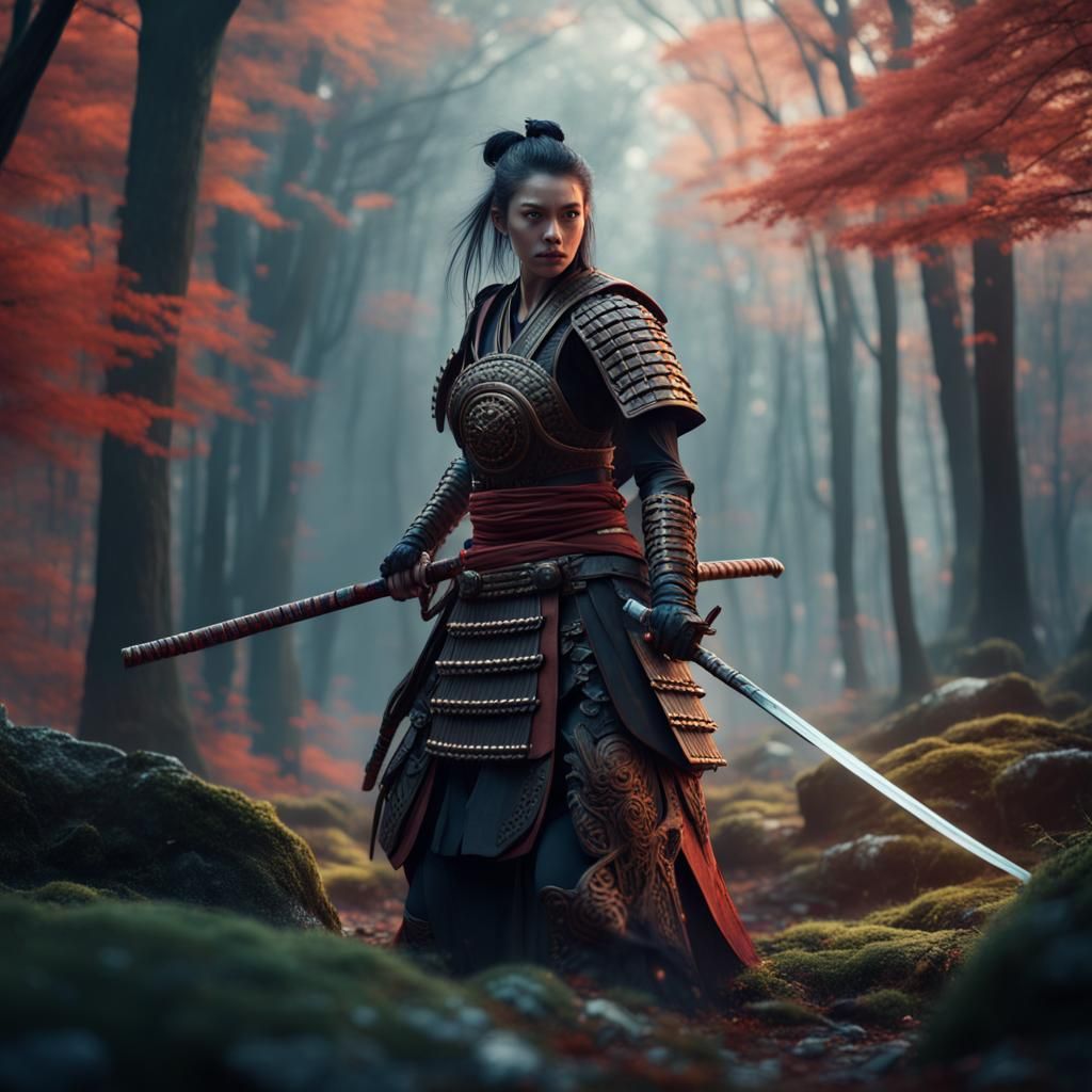 Samurai Woman Battles Skeletons in Mystical Forest