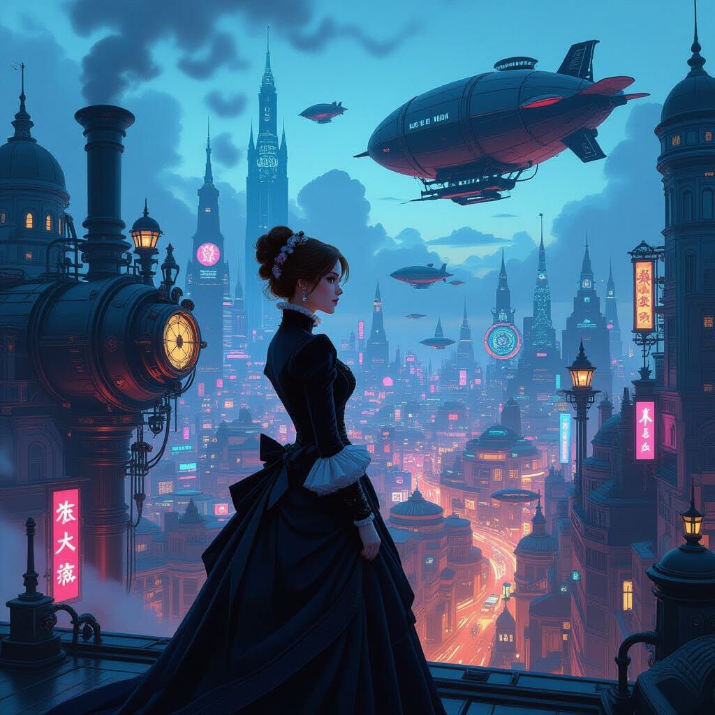 Victorian Woman in Futuristic Steampunk Cityscape