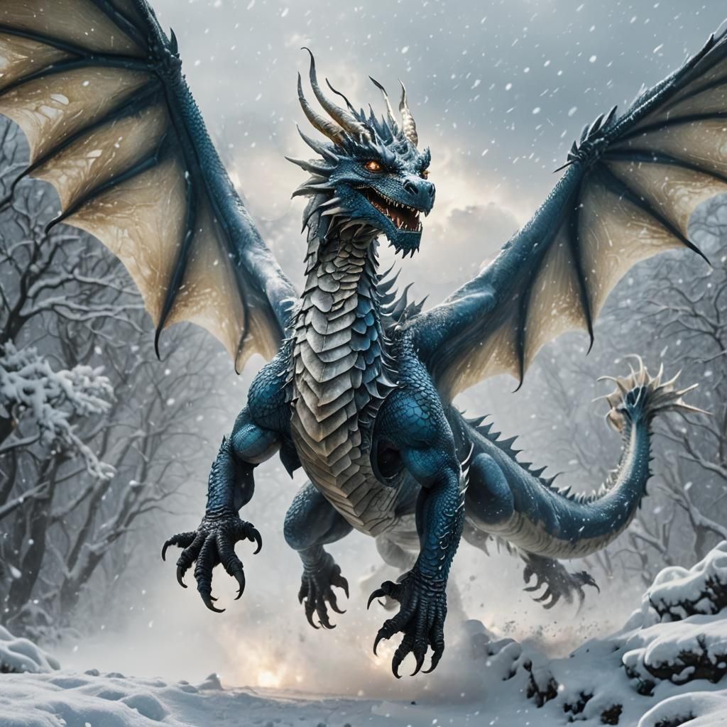 Dragon Soars Through Icy Blizzard in Realistic Photography
