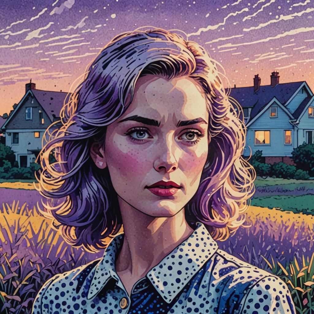 Woman in Field: Pointillism in Vaporwave Sunset Style