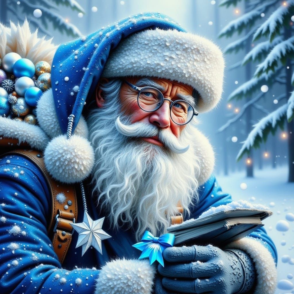 <lora:FiosCrackedImpasto:1.0>whimsical Santa, silver grey eyes, silver bifocals lower on his nose, dressed in silver and...