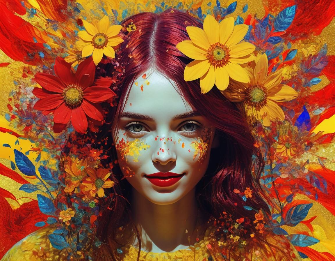 Ethereal Floral Art of Smiling Girl in Aetherpunk Style