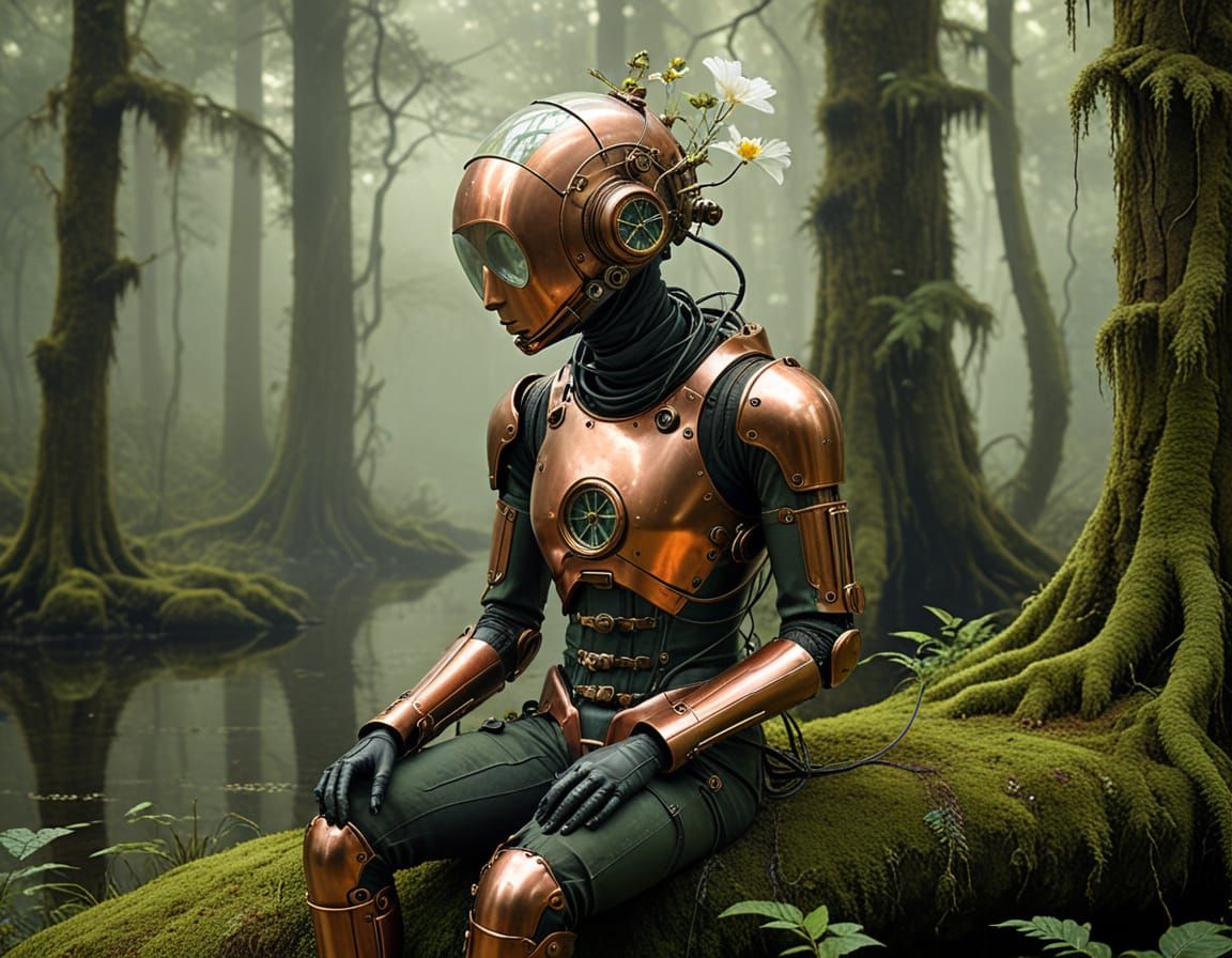 Melancholic Android in Misty Forest, Steampunk Style