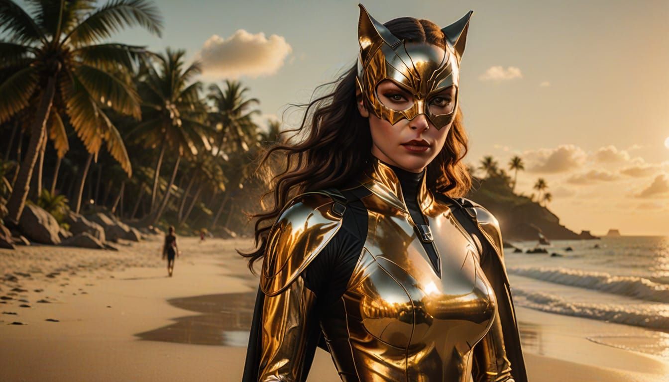 Catwoman in Tropical Beach Hyperrealistic Art
