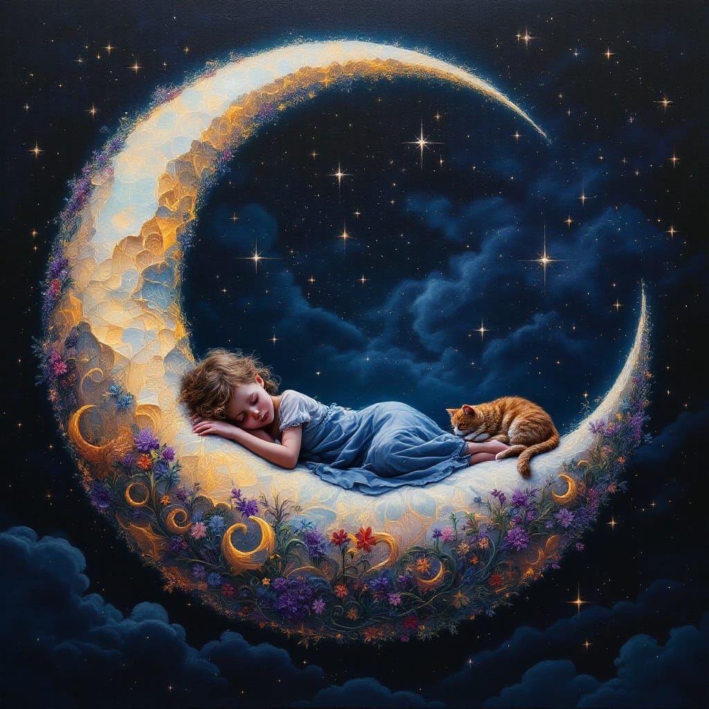 A Dreamy Crescent Moon Scene in Vibrant Oil Paints
