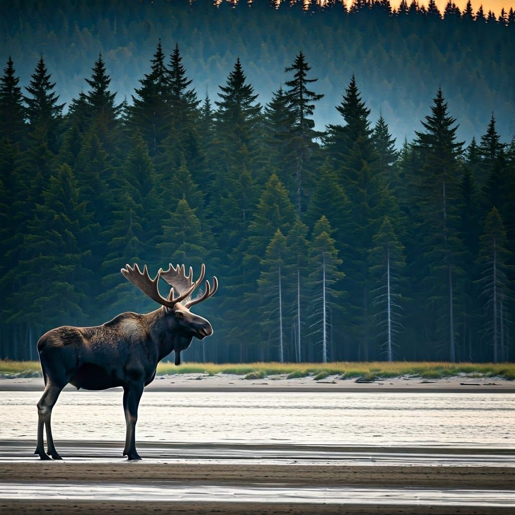 Majestic Moose on Beach at Dawn: Digital Matte Painting