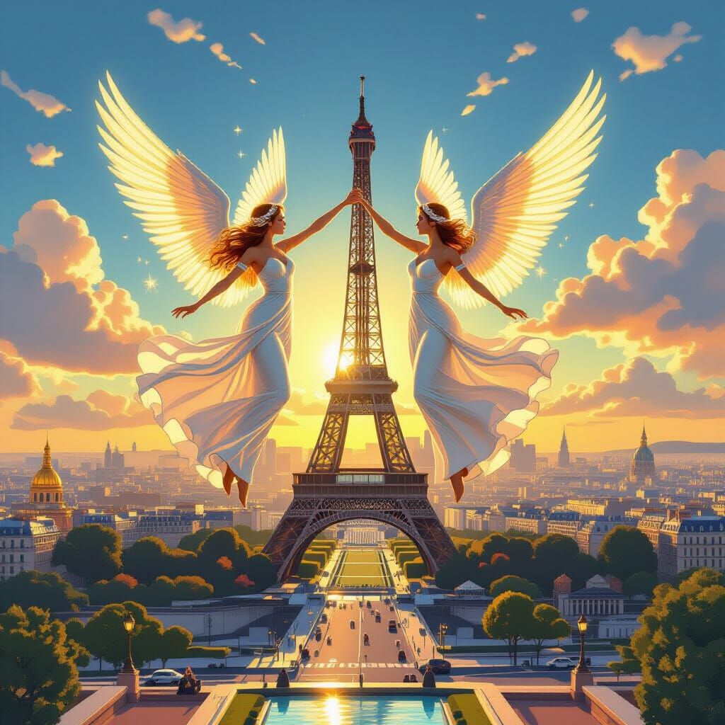 Angels Dancing on Eiffel Tower in Candy Art Style