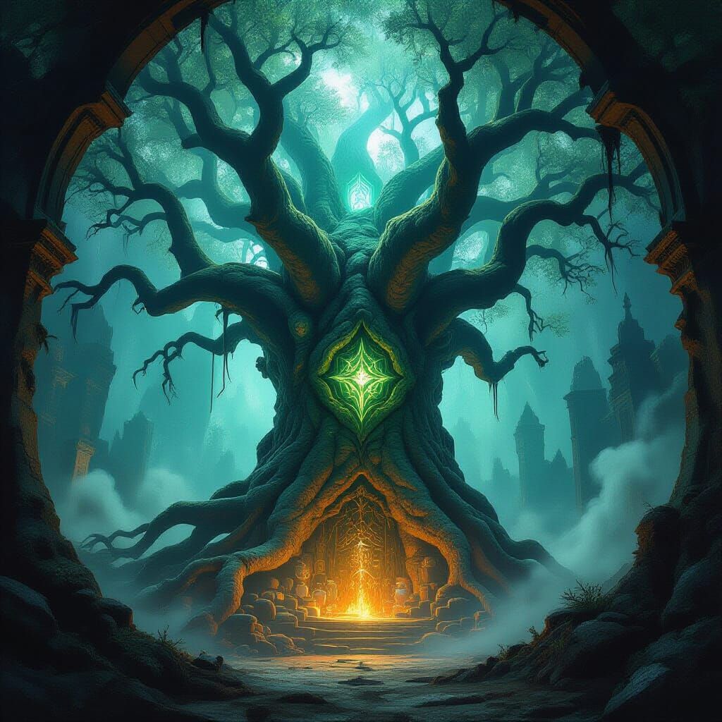Ancient Tree Sorcerer's Sanctuary with Glowing Symbols
