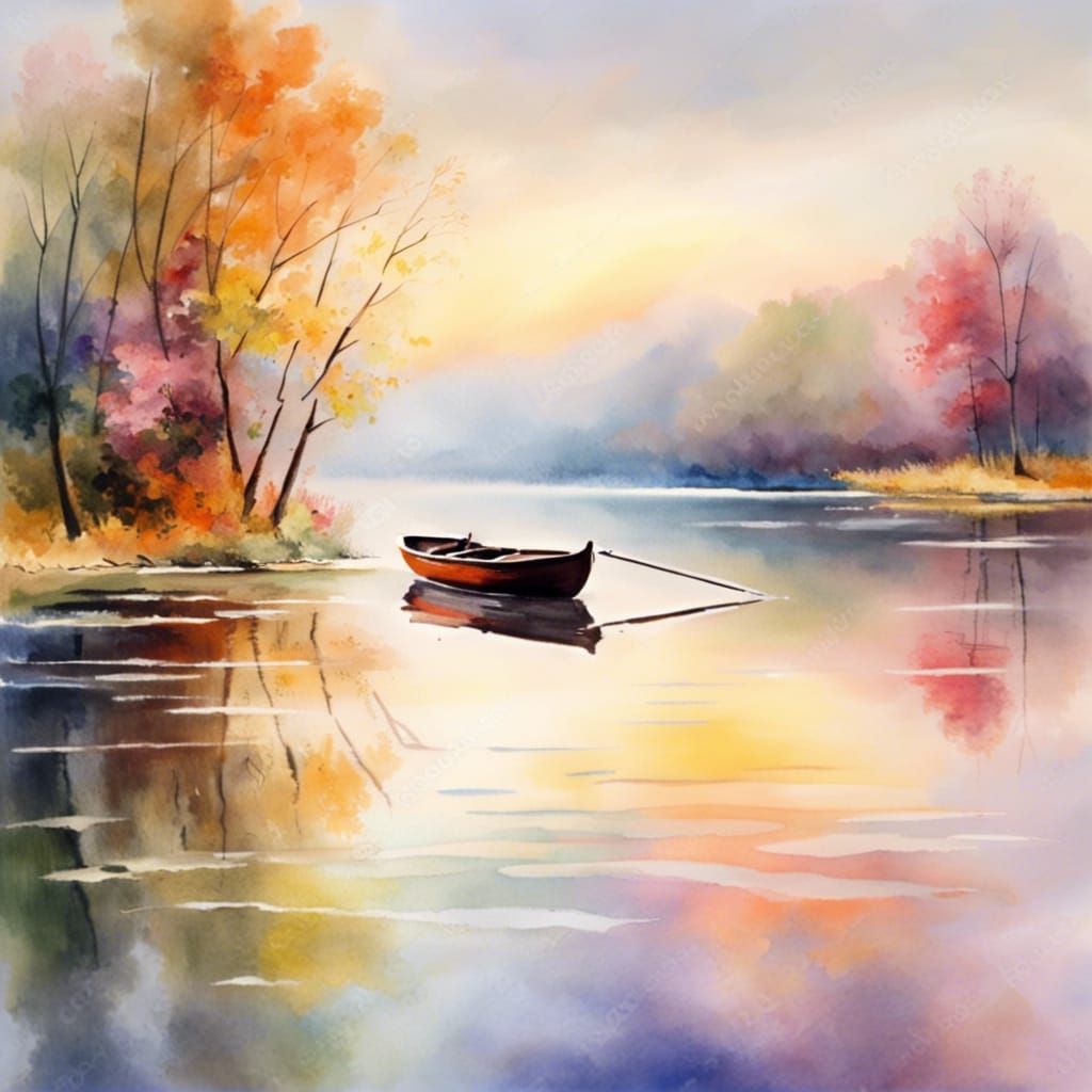 Impressionistic Boat on Lake with Water Reflection