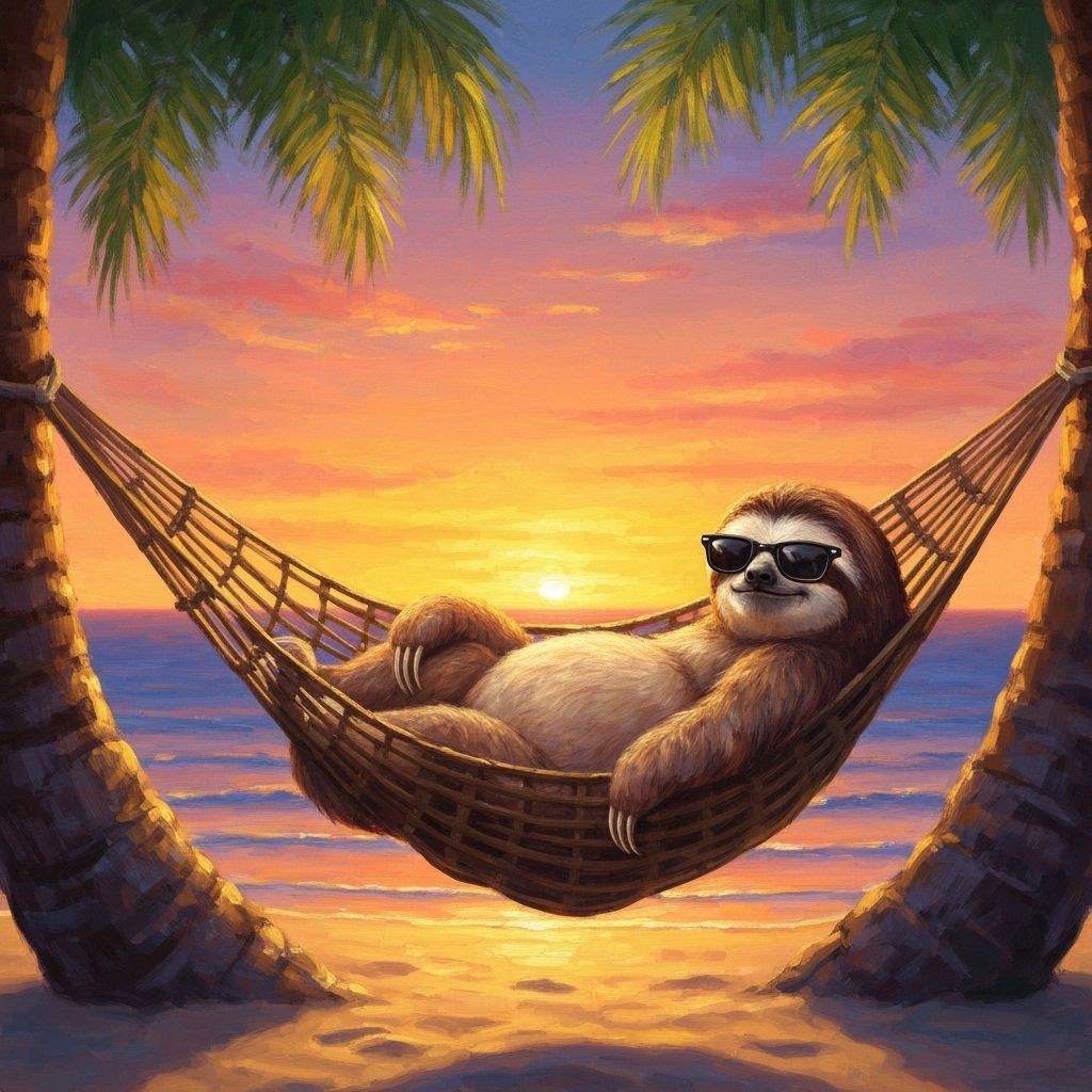 Relaxed Sloth in Hammock on Tropical Beach at Sunset