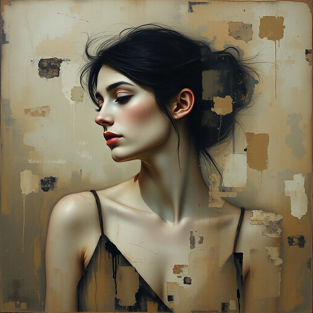 Contemplative Woman in Abstract Encaustic Art