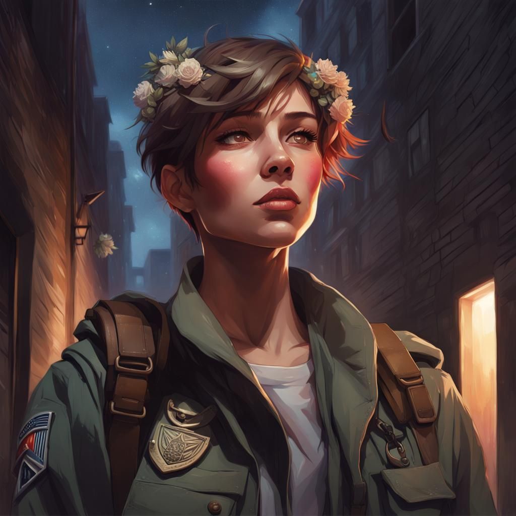 Teen with Flower Crown Stargazing: Digital Art