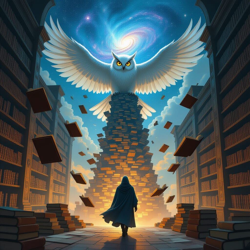Mystical Library with Owl Spirit in Dreamlike Realm