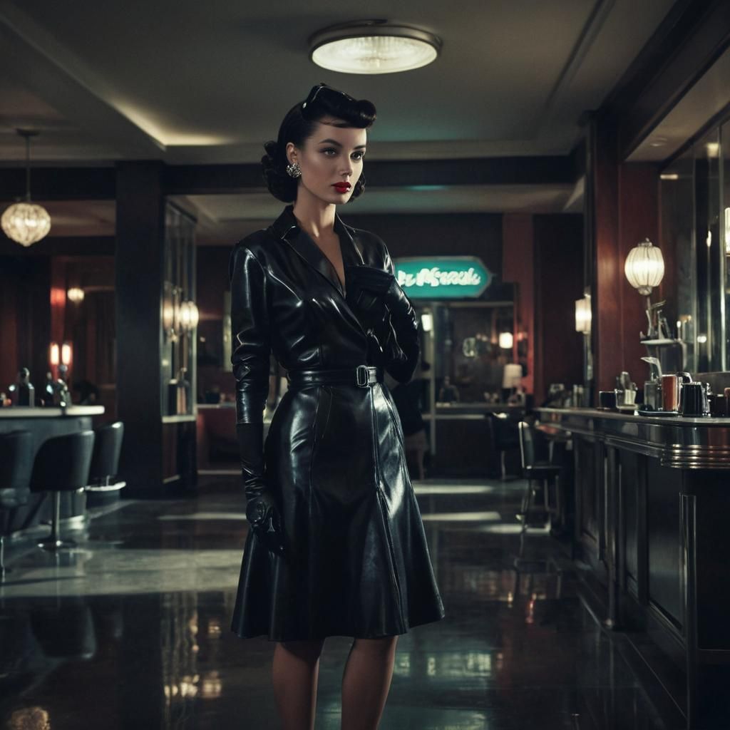 Retro-Futuristic Woman in Chrome Hotel, Film Noir Style