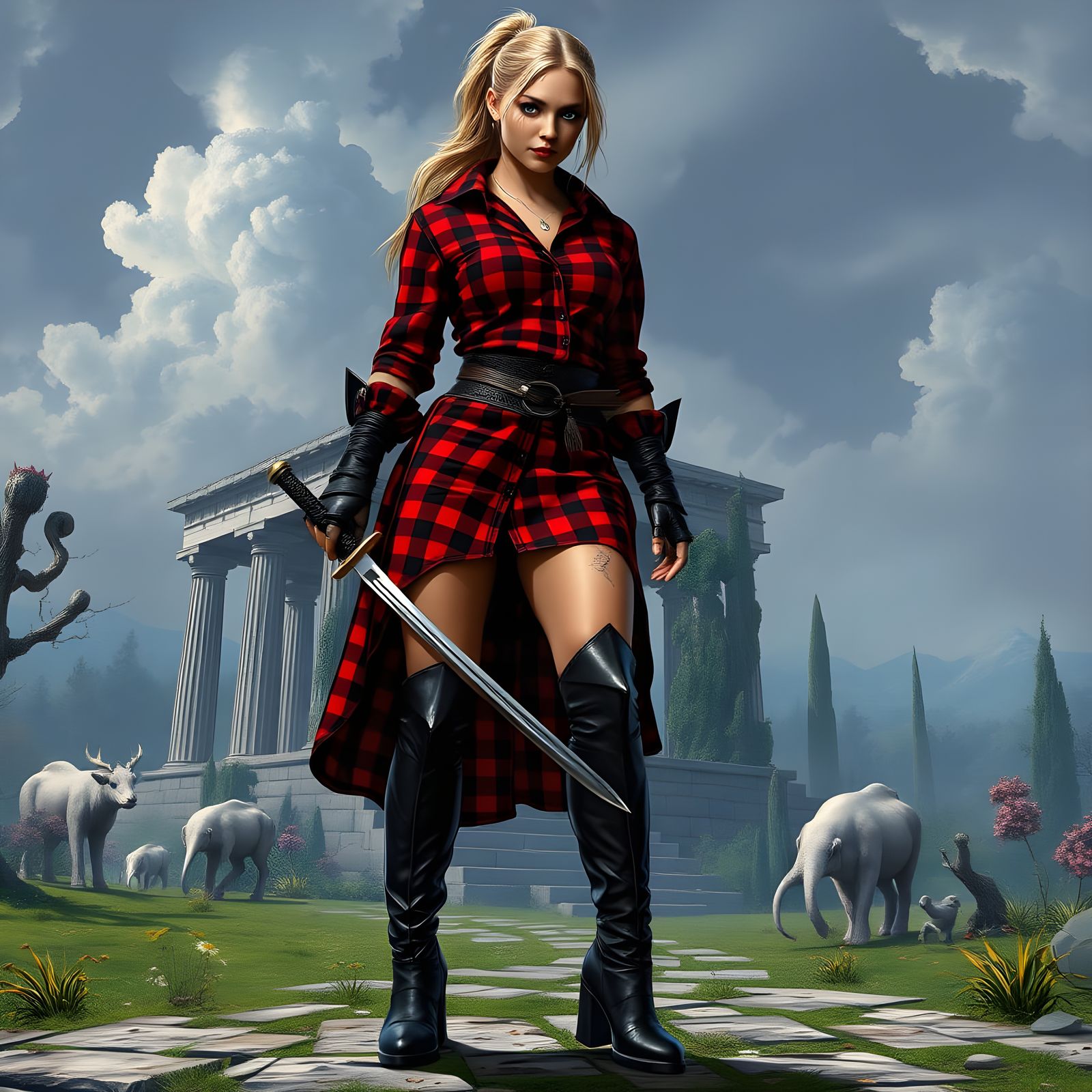Gritty Warrior Woman with Katana in Fantasy Garden