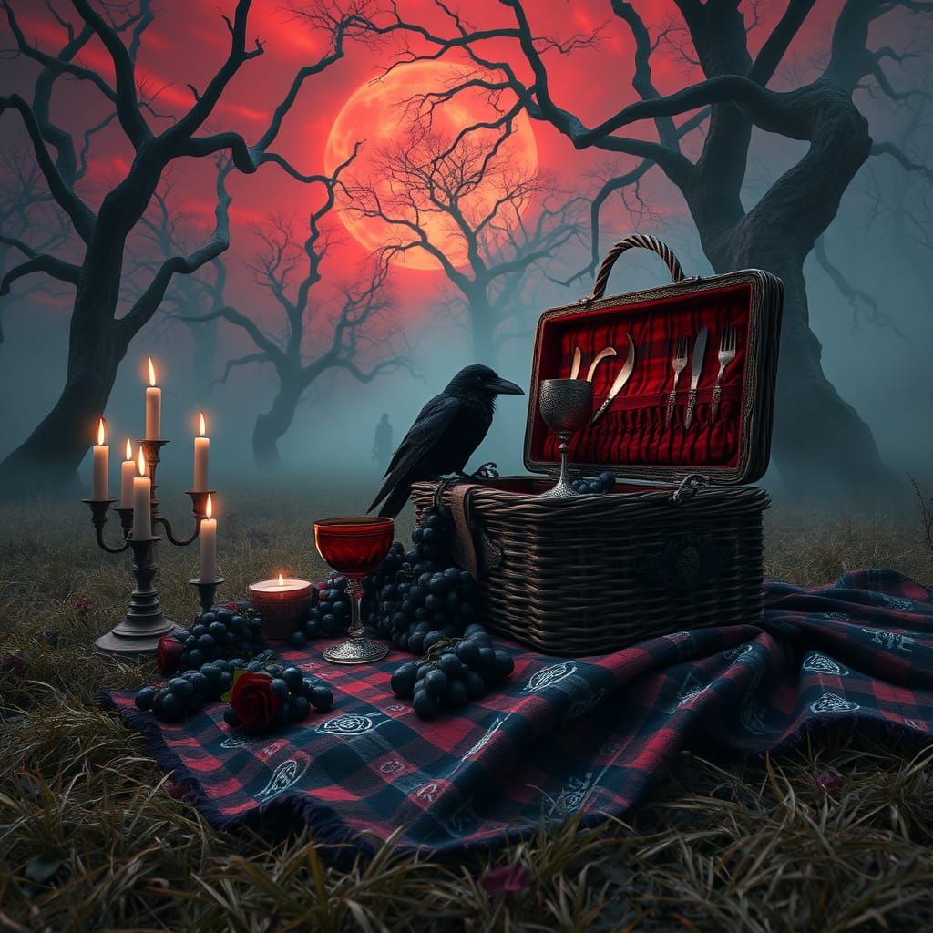 Mystical Macabre Picnic in a Crimson Forest