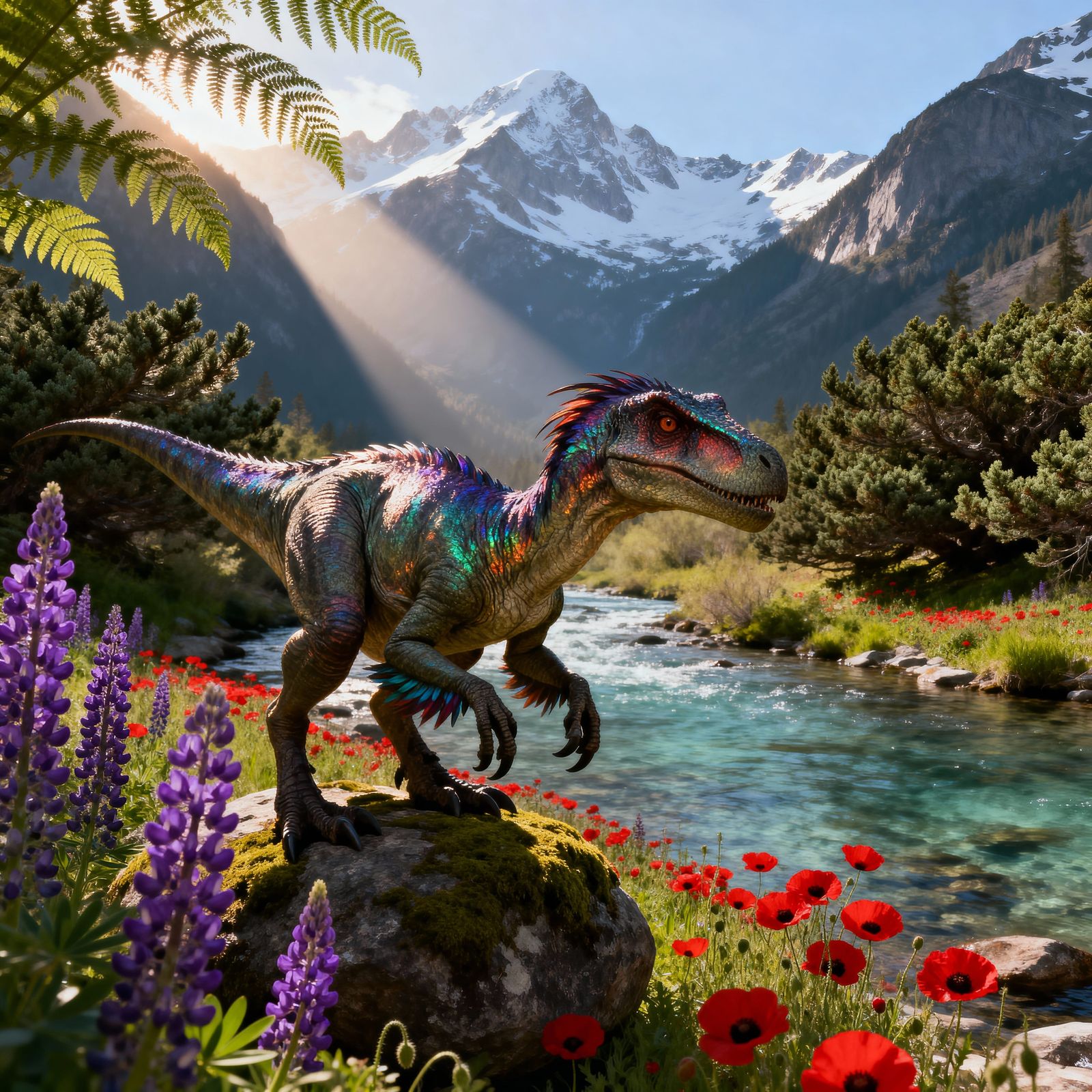 Velociraptor on Boulder by Mountain River