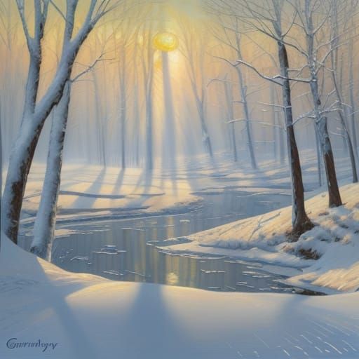 Sunlit Snowy Landscape in Golden Hour Oil Painting