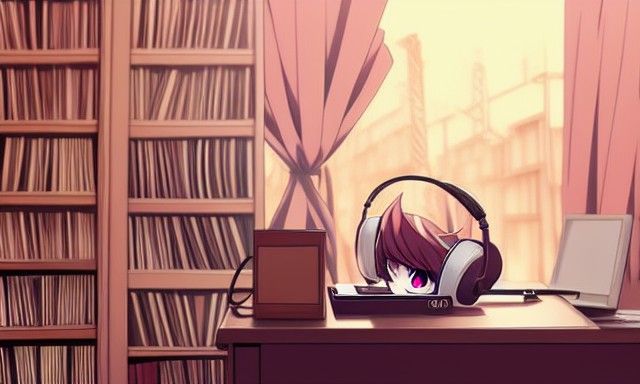 Anime Girl in Cozy Ghibli-Style Record Room