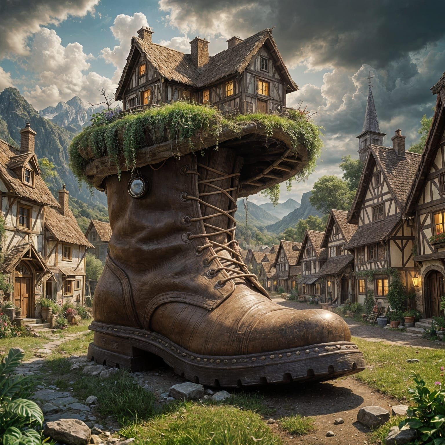 Giant Boot Village Surreal Realism Cinematic Lighting