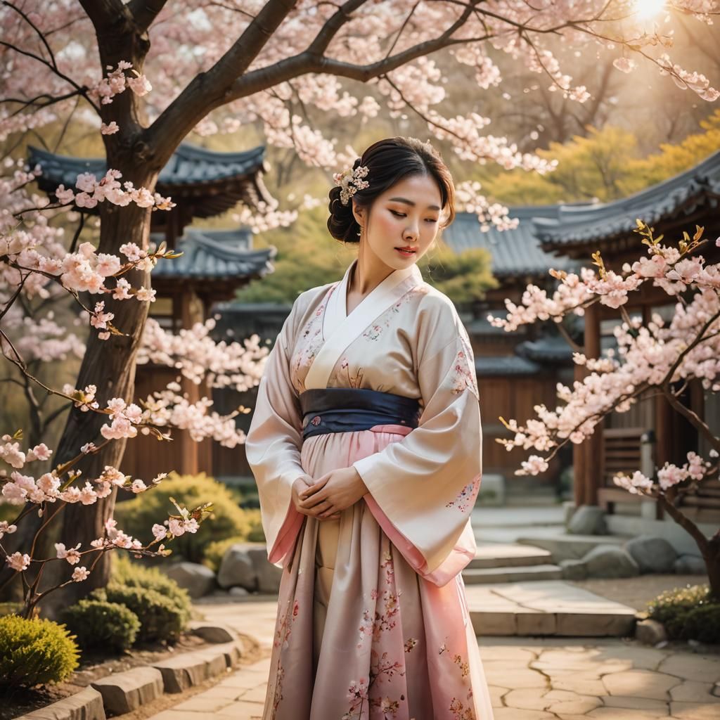 Pregnant Korean Woman in Garden: Contemporary Portrait