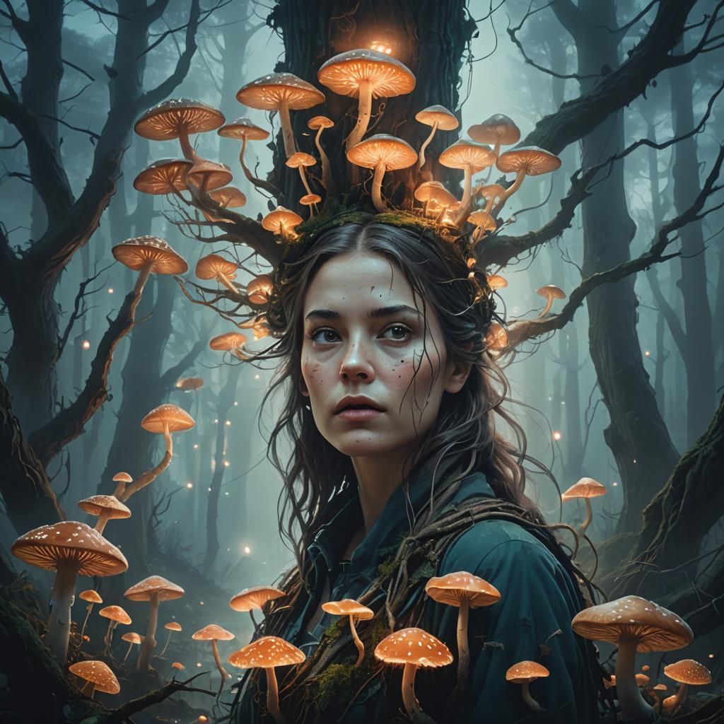 Ethereal Woman in Moonlit Forest: Digital Matte Painting