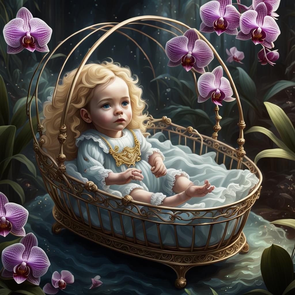 Baby Surrounded by Orchids: Fantasy Concept Art